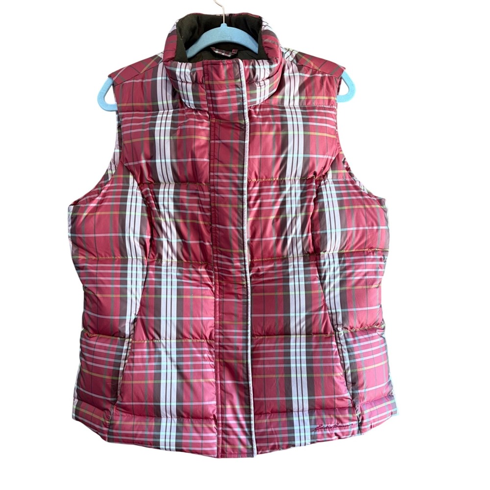Eddie Bauer Womens XL Red Plaid premium‎ Goose Down Puffer Vest Quilted Outdoor
